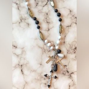 Black and white beaded crystal cross Christian necklace